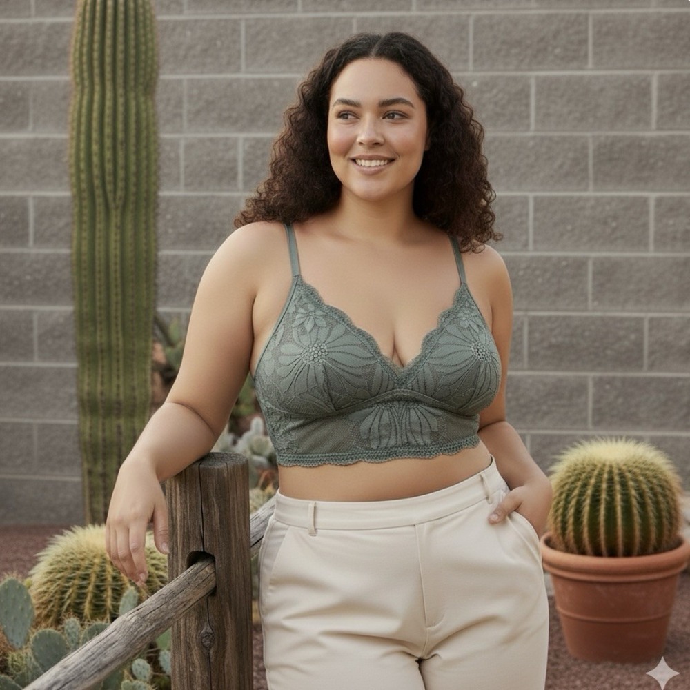 New Women's Green Lined Wireless Soft Lace Bra M Fits Cup A B some C Boho Hippie